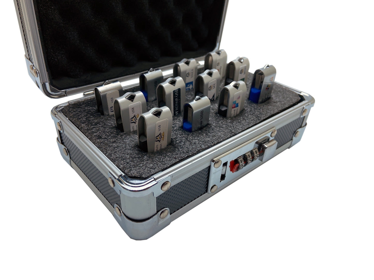USB Drive Organizer Case (Aluminum – 12 Slots) – Shockproof Antistatic Storage Box with Lock