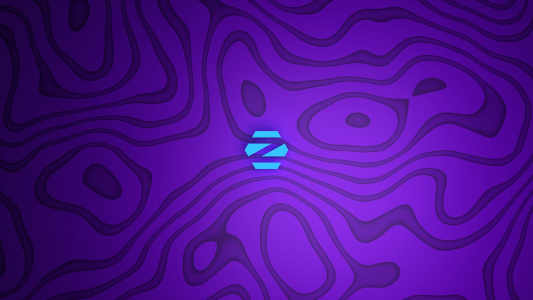 a purple background with a blue logo on it