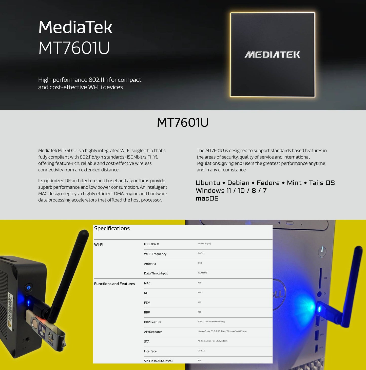 Wi-Fi USB Adapter for Linux (Tails, Ubuntu, Debian, Mint) – Plug & Play 2.4 GHz MT7601U Chipset